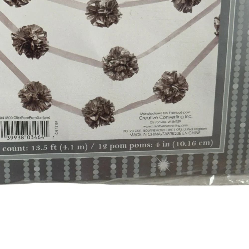 Creative Converting silver colored Pom Pom garland brand new in packaging!